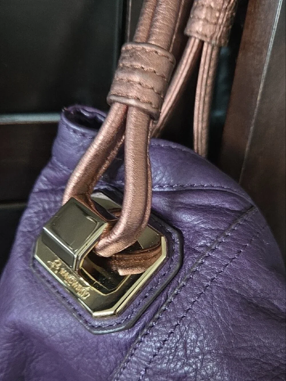 B. Makowsky Purple Pebbled Leather Slouchy Hobo Bag Bronze Straps